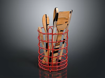 Red Metal Wire Basket Holding Wooden Kitchen Spatulas and Utensils 3d model