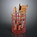 Red Metal Wire Basket Holding Wooden Kitchen Spatulas and Utensils