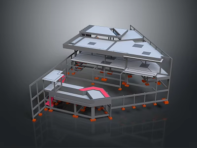 Modern Multi Level Architectural Structure With Metal Frame Platforms And Orange Supports 3d model