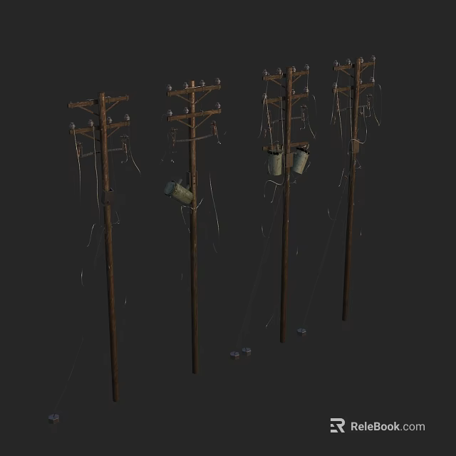 Multiple Public Utility Poles With Overhead Electrical Wires And Attached Transformers 3d model 