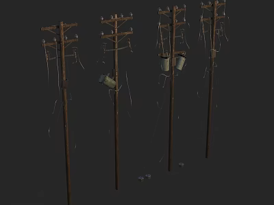 Multiple Public Utility Poles With Overhead Electrical Wires And Attached Transformers 3d model