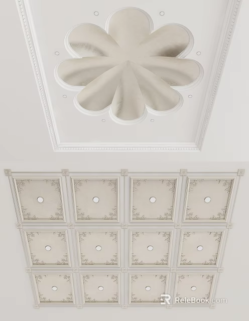 Ornate Decorative Ceiling Design With Carved Patterns Paneled Sections And Circular Accents 3d model