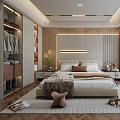 Elegant Modern Bedroom Interior With Wardrobe Bed Nightstands Soft Rug Pendant Lights And Floor-to-Ceiling Window