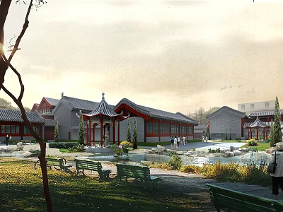 Ancient Chinese Architecture Courtyard With Traditional Pavilion Pond Greenery And Stone Benches 3d model