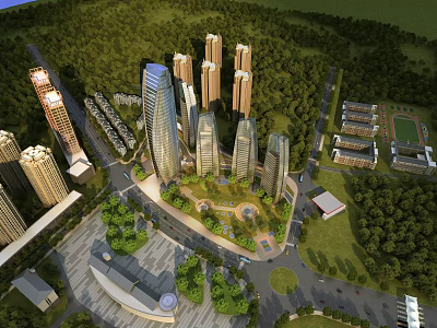 Aerial Planning of Modern Urban Residential Complex With High Rise Buildings Greenery and Roads 3d model