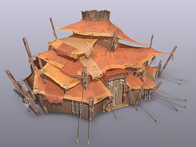Tribal Tent Structure With Multi Layered Orange Fabric And Wooden Poles 3d model
