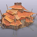 Tribal Tent Structure With Multi Layered Orange Fabric And Wooden Poles