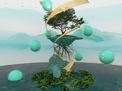 Scenic Island With Tree Roots Floating Green Spheres And Mountain Water Background 3d model