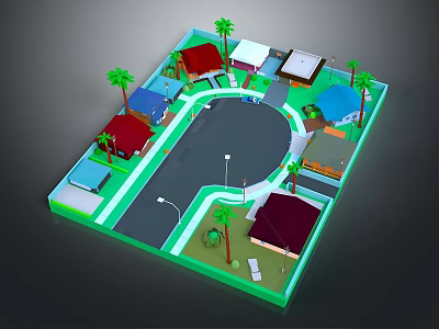 Cartoon Scene of Colorful Houses with Palm Trees Curved Road and Street Lamps 3d model