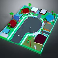 Cartoon Scene of Colorful Houses with Palm Trees Curved Road and Street Lamps
