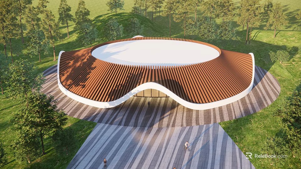 Circular Building With Wavy Brown Roof Surrounded By Green Grass Trees Gray Striped Pavement And People 3d model 