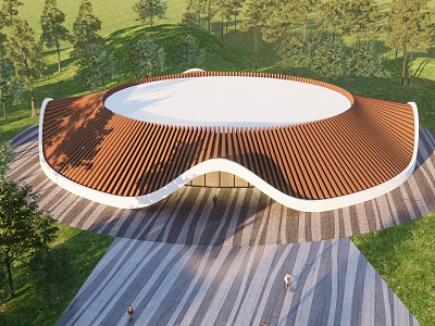 Circular Building With Wavy Brown Roof Surrounded By Green Grass Trees Gray Striped Pavement And People 3d model