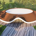 Circular Building With Wavy Brown Roof Surrounded By Green Grass Trees Gray Striped Pavement And People