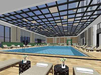 Modern Indoor Swimming Pool With Glass Ceiling And Wooden Deck Loungers 3d model