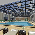 Modern Indoor Swimming Pool With Glass Ceiling And Wooden Deck Loungers