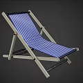 Wooden Frame Lounge Chair With Blue Striped Fabric Seat And Folding Design