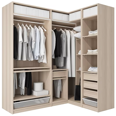 Modern Wooden Wardrobe Interior With Hanging Clothes Folded Garments Shelves And Drawers 3d model