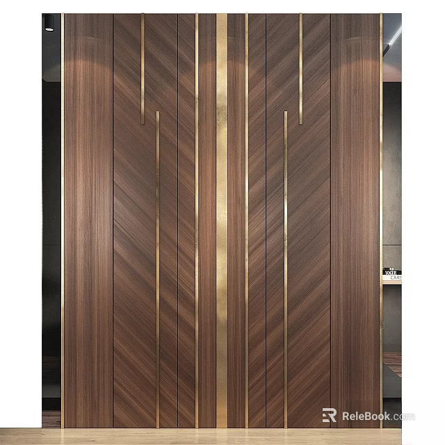 Elegant Modern Wall Decor With Walnut Wood Texture And Golden Geometric Lines 3d model 