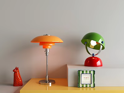 Orange Mushroom and Green Helmet Style Table Lamps with Silver Red Bases on Colorful Stands 3d model