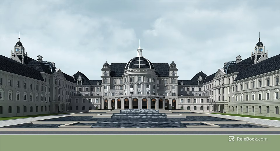 Grand Classical Office Building With Symmetrical Design Dome And Front Water Fountain Plaza 3d model 