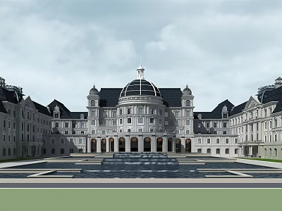 Grand Classical Office Building With Symmetrical Design Dome And Front Water Fountain Plaza 3d model
