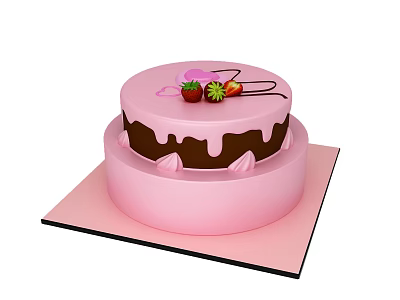 Delicious Pink Double Layer Cake With Fresh Strawberries And Chocolate Drizzle 3d model