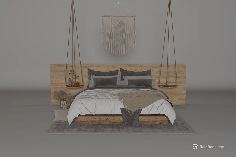 Cozy Double Bed in Bedroom Interior With Wooden Headboard Gray Bedding and Macramé Decor 3d model 