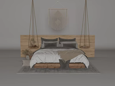 Cozy Double Bed in Bedroom Interior With Wooden Headboard Gray Bedding and Macramé Decor 3d model