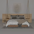 Cozy Double Bed in Bedroom Interior With Wooden Headboard Gray Bedding and Macramé Decor
