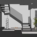 Modern Interior Gray Staircase with Black Railings Stacked Books Fireplace and Green Plant