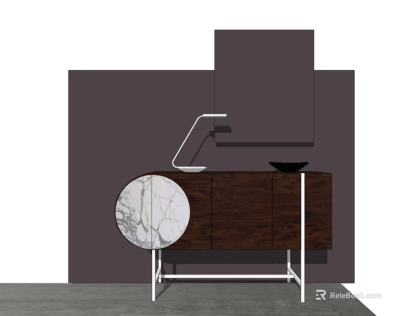 Modern Decorative Cabinet With Wooden Body Marble Panel Modern Lamp And Black Bowl 3d model 