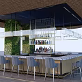 Modern Circular Bar Counter With Hanging Lights Green Plant Wall And Grey Chairs