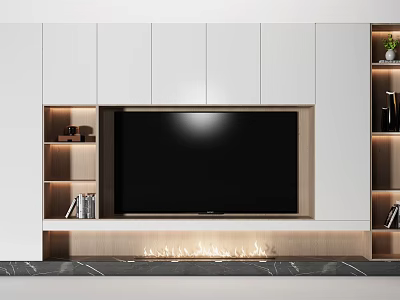 Modern TV Stand Design With White Cabinets Built-in TV Wooden Open Shelves And LED Lighting 3d model