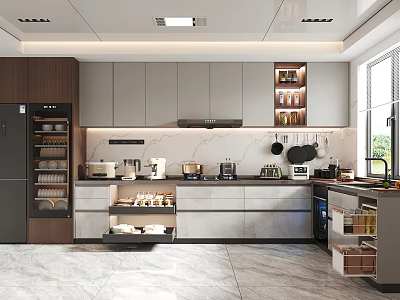 Modern Kitchen Interior With Island Cabinets Marble Countertops And Appliances 3d model