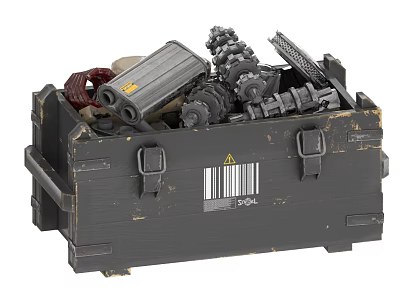 Industrial Equipment Parts Inside Black Storage Case with Gears Pipes Coils Barcode and Warning Label 3d model