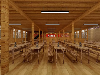 Spacious Wooden Meeting Room Interior With Long Tables Benches Windows And Hanging Lights 3d model