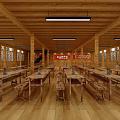 Spacious Wooden Meeting Room Interior With Long Tables Benches Windows And Hanging Lights