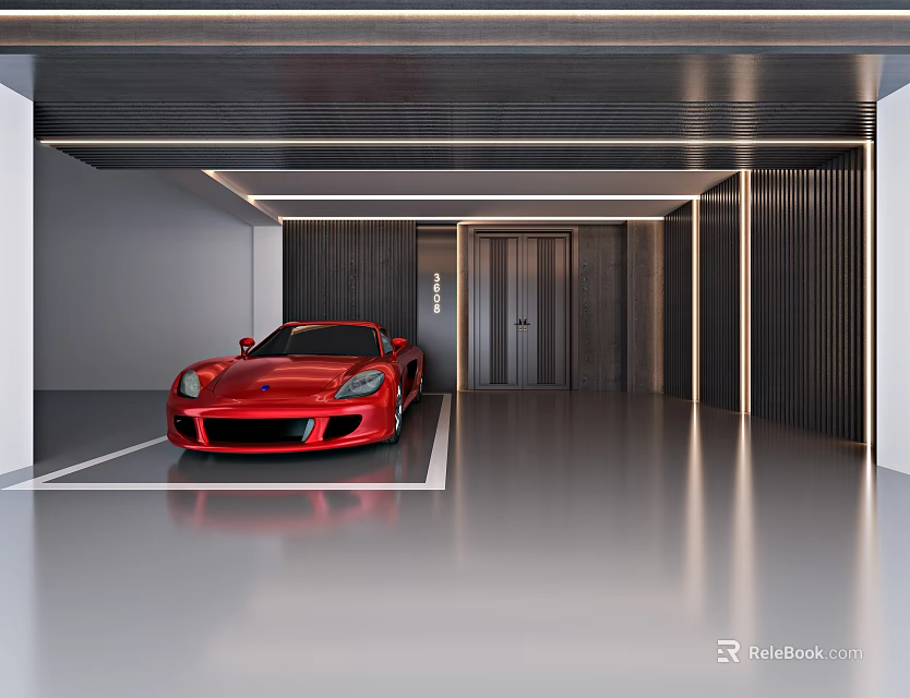 Modern Sleek Garage Interior Design With Red Sports Car And Polished Floor Ambient Lighting 3d model 