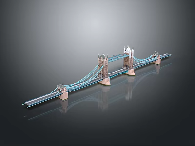 Detailed Tower Bridge Model With Blue Cables And Reflective Dark Surface 3d model