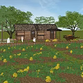 Scenic Thatched Roof Wooden House Surrounded By Vegetable Garden With Yellow Fruits And Trees