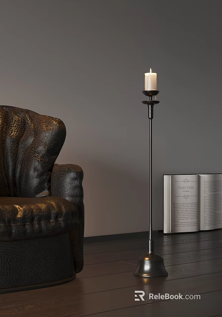 Elegant Candle Lamp Beside Black Leather Sofa and Open Book in Interior 3d model 