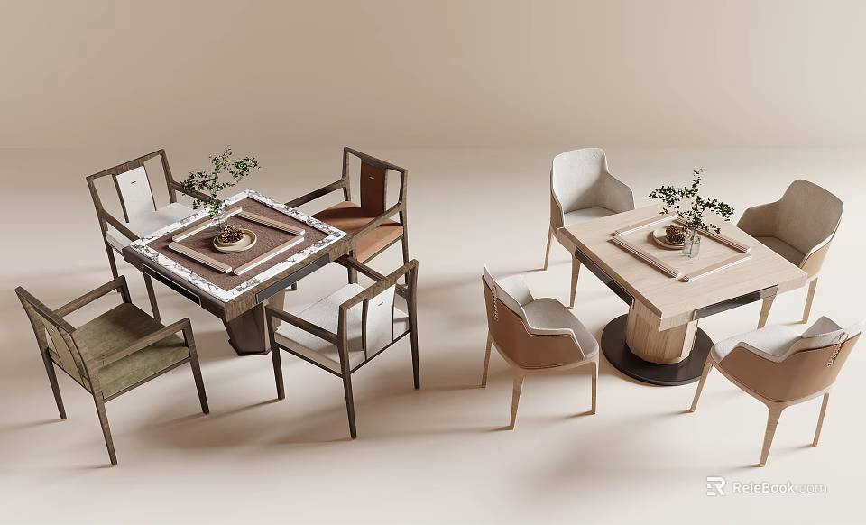 Stylish Entertainment Tables With Chairs And Decorative Plants 3d model 