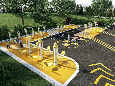 Outdoor Sports Equipment in Green Park Fitness Area with Yellow Design and People Exercising 3d model