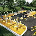 Outdoor Sports Equipment in Green Park Fitness Area with Yellow Design and People Exercising