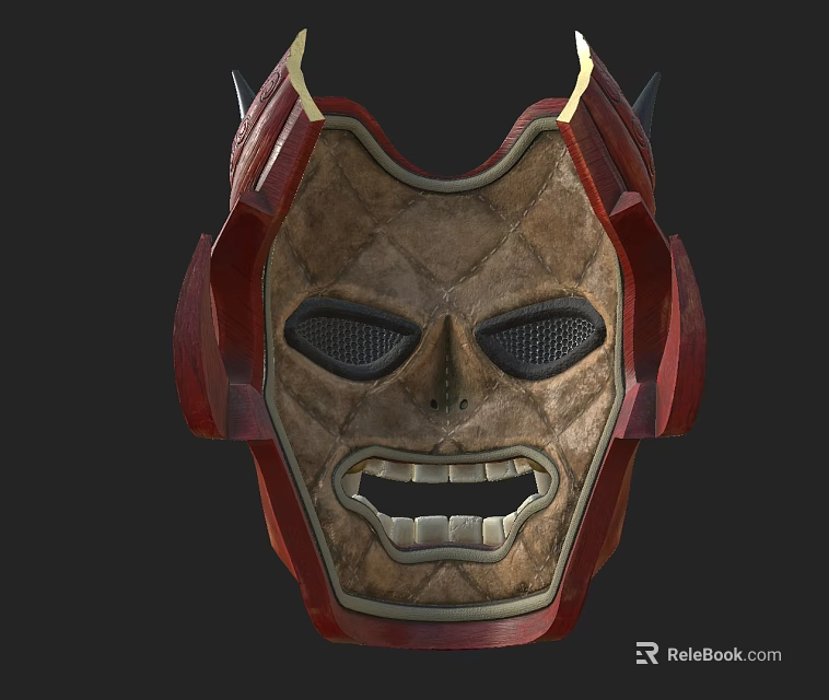 Red And Brown Skull Mask With Gold Accents Mesh Eye Openings And Textured Surface 3d model 