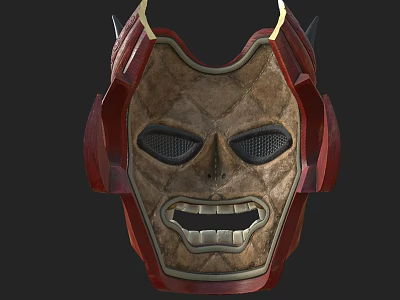 Red And Brown Skull Mask With Gold Accents Mesh Eye Openings And Textured Surface 3d model
