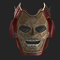 Red And Brown Skull Mask With Gold Accents Mesh Eye Openings And Textured Surface