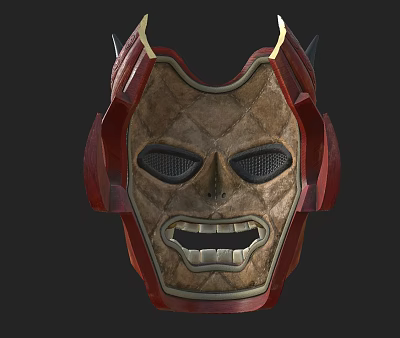 Red And Brown Skull Mask With Gold Accents Mesh Eye Openings And Textured Surface 3d model
