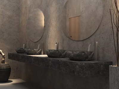 Washbasin Design With Concrete Wall Round Mirrors Stone Countertop And Three Stone Basins 3d model