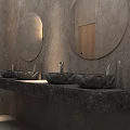 Washbasin Design With Concrete Wall Round Mirrors Stone Countertop And Three Stone Basins